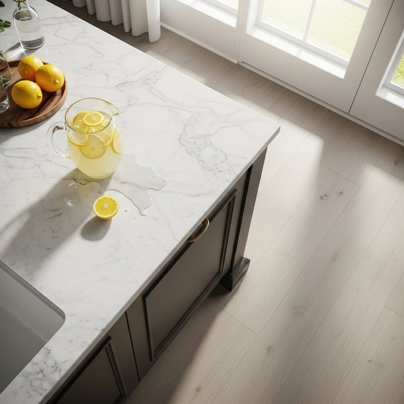Marble Kitchen Counter island with a spilled pitcher of lemonade and waterproof LVP floors