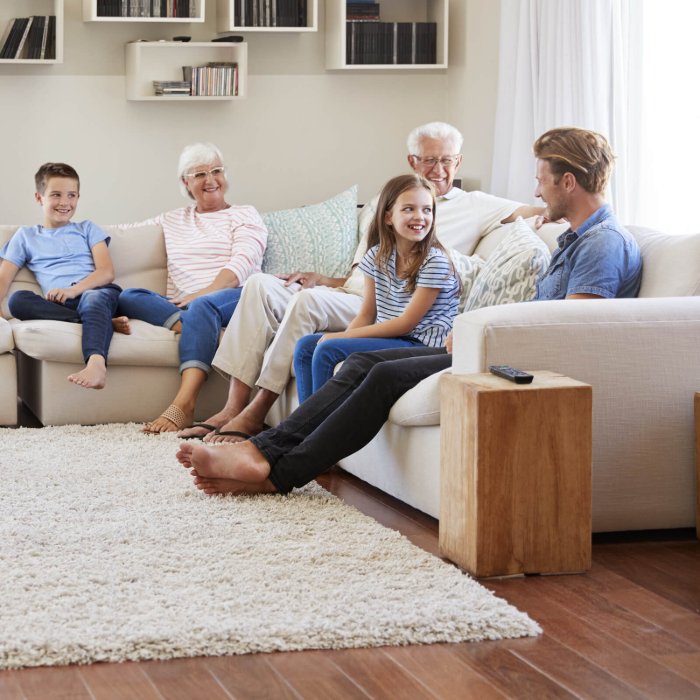 Family in a home with hardwood flooring and a shag area rug