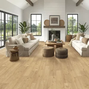 Mohawk Laminate in a light natural wood color in a living room with two white sofas | Barrett Floors