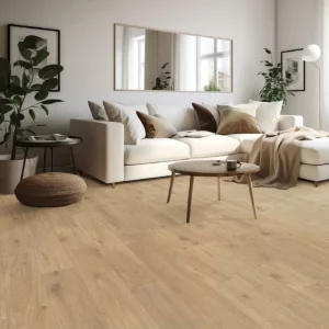 Mohawk Laminate in a warm light brown wood tone in a living room | Barrett Floors