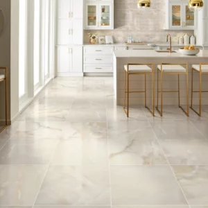 Shaw Floors Beige polished tile with subtle veining in a white kitchen | Barrett Floors